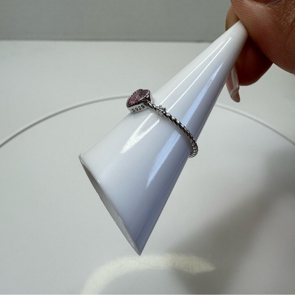 Pink Love Heart Premium Zircon 925 Sterling Silver Cross Band Rings - Picture 11 of 15